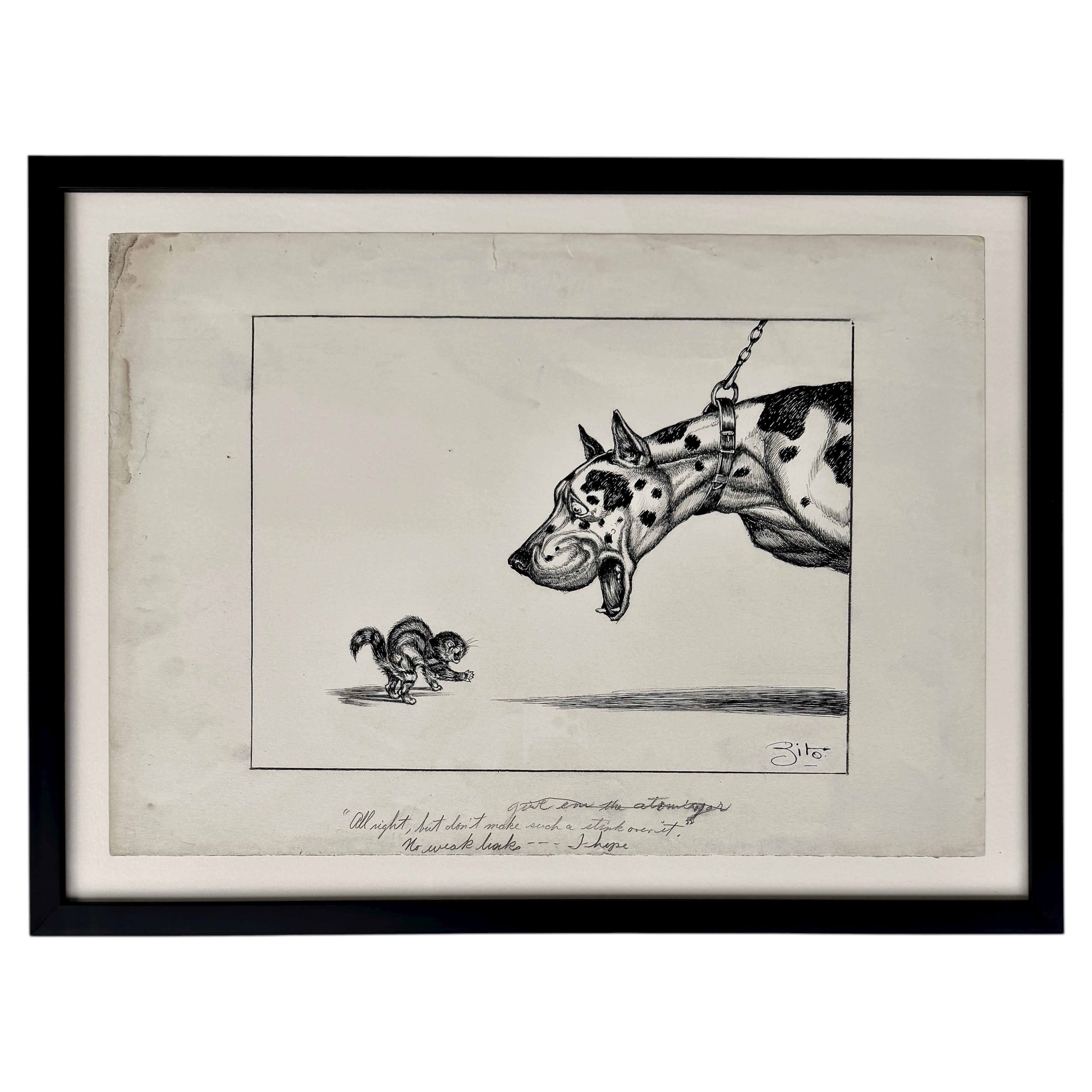 Vincenzo Zito Original Graphite and Pen Drawing, Great Dane Dog Circa 1950 For Sale
