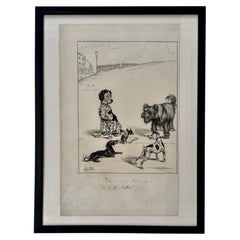 Vincenzo Zito Original Graphite Dog Illustration, Framed Animal Drawing 1950's