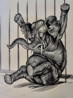 Originalzeichnung von Vincenzo Zito mit dem Titel „Elefant und Mäuse“ in Graphit, gerahmt, 1950er Jahre