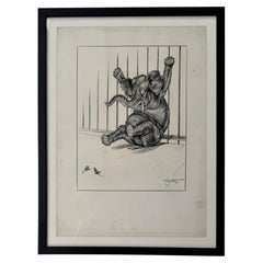 Originalzeichnung von Vincenzo Zito mit dem Titel „Elefant und Mäuse“ in Graphit, gerahmt, 1950er Jahre