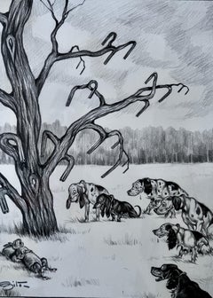 Vincenzo Zito Original Graphite Rabbit and Hunting Dogs Illustration, Framed, 19