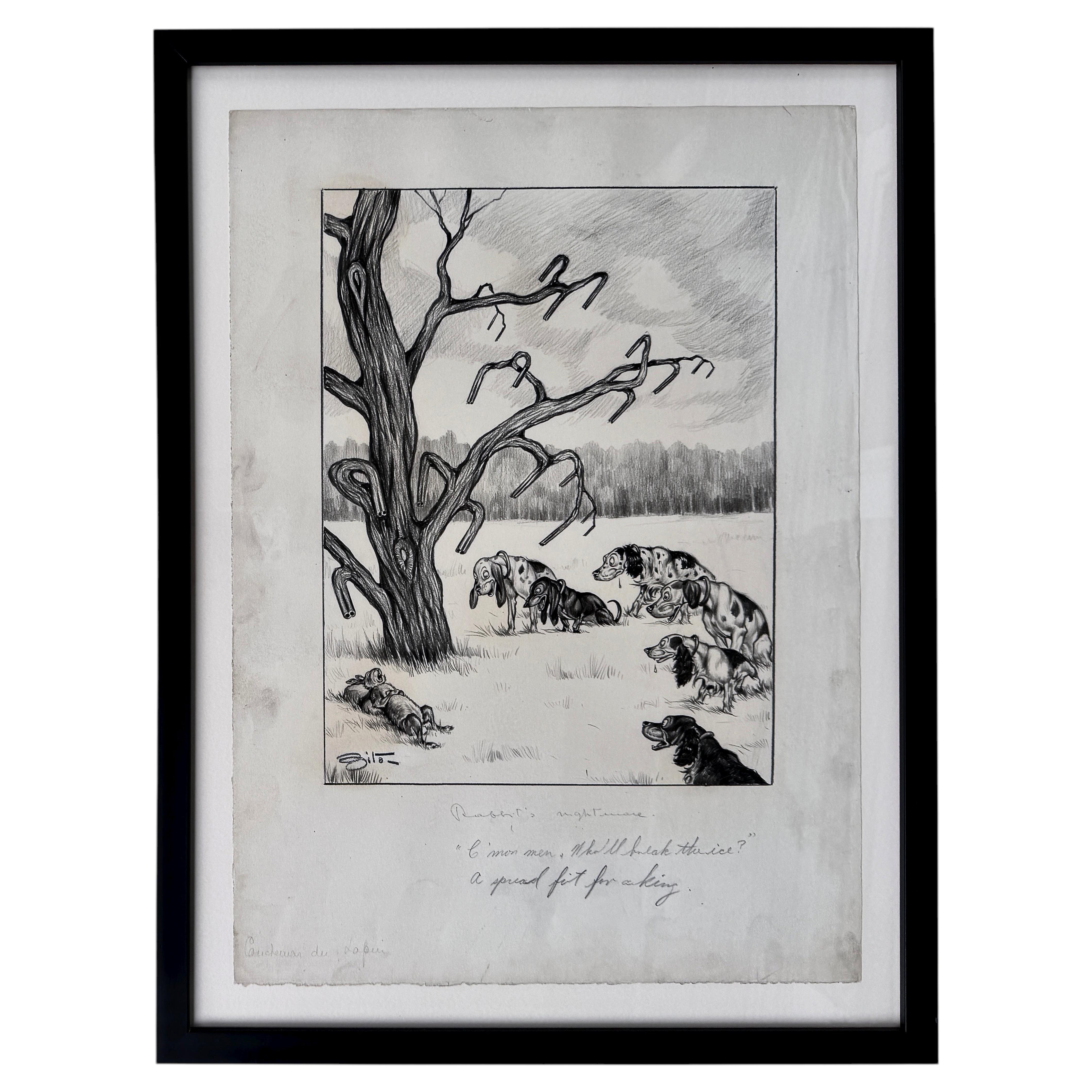 Vincenzo Zito Original Graphite Rabbit and Hunting Dogs Illustration, 1950's For Sale