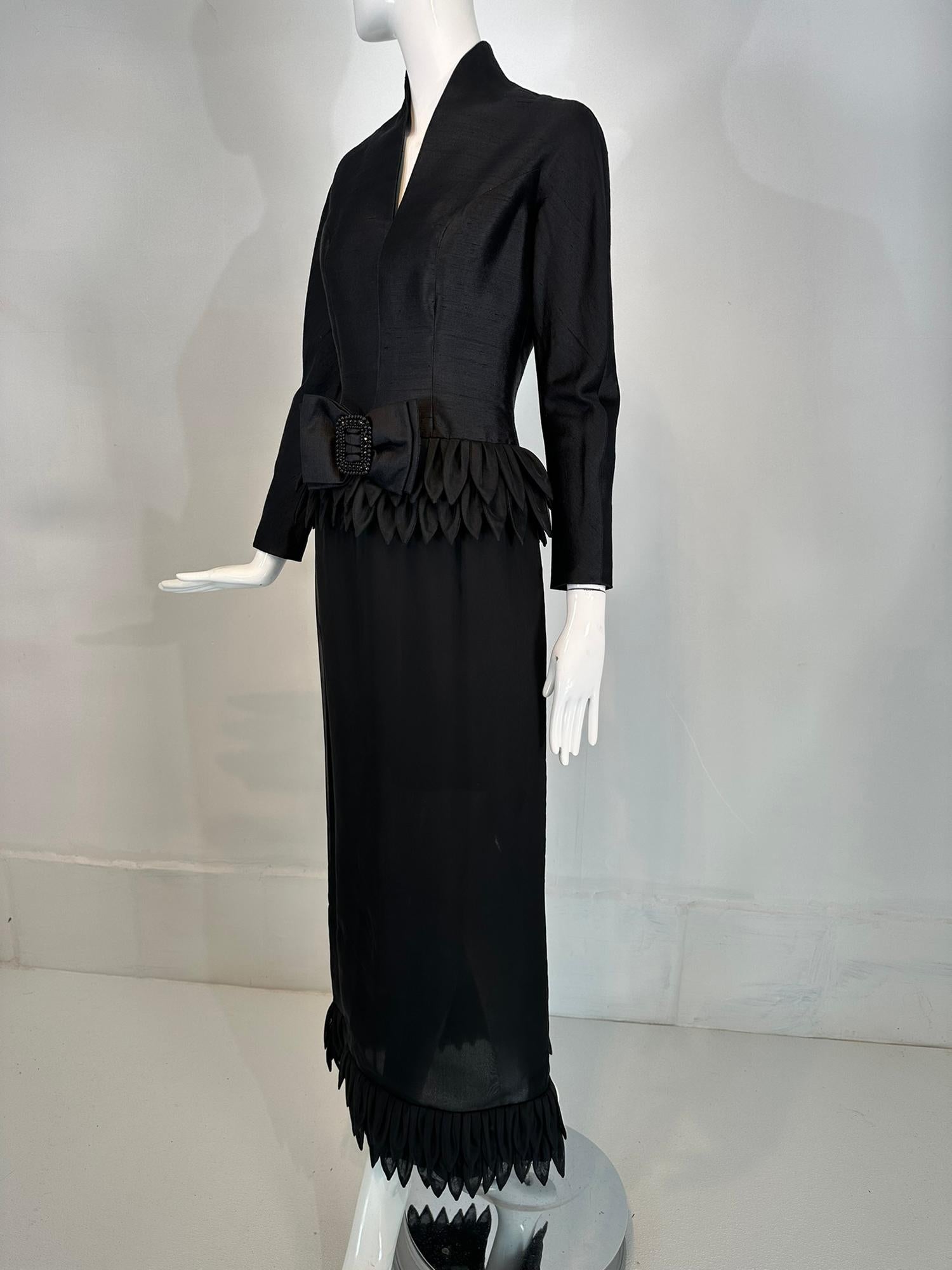 Vinchi Demi Couture Black Silk Hand Rolled Petal Evening Dress 1960s Hong Kong In Good Condition For Sale In West Palm Beach, FL