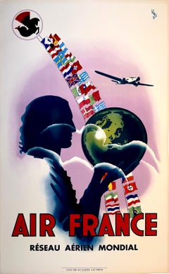 Original Vintage Air France - Reseau Aerien Mondial - Vinci Poster 1947