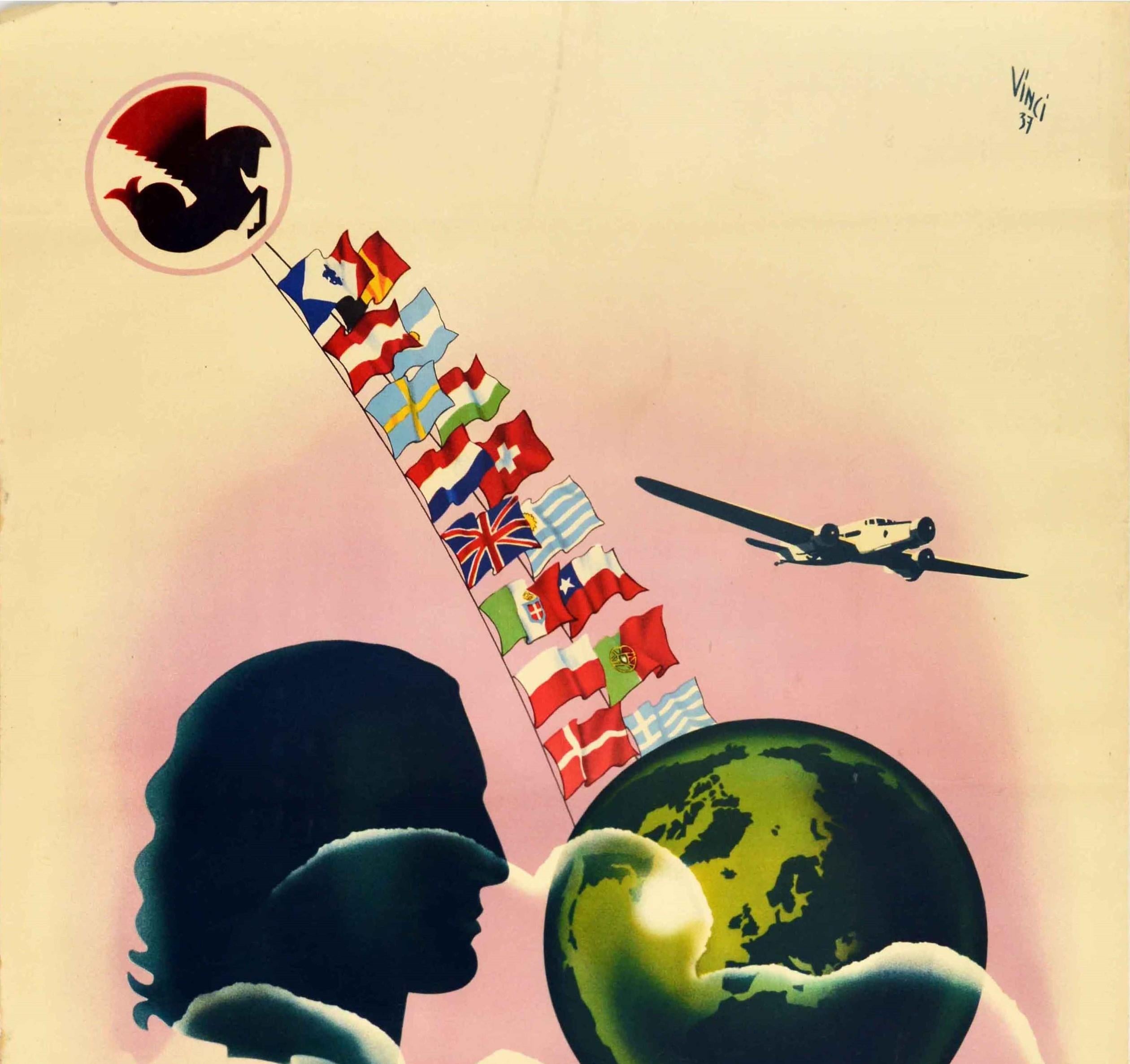 Original Vintage Poster Air France Passengers Mail Freight Worldwide Flags Globe - Print by Vinci