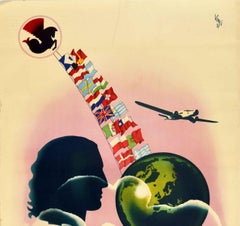 Original Vintage Poster Air France Passengers Mail Freight Weltweite Flaggen Globus