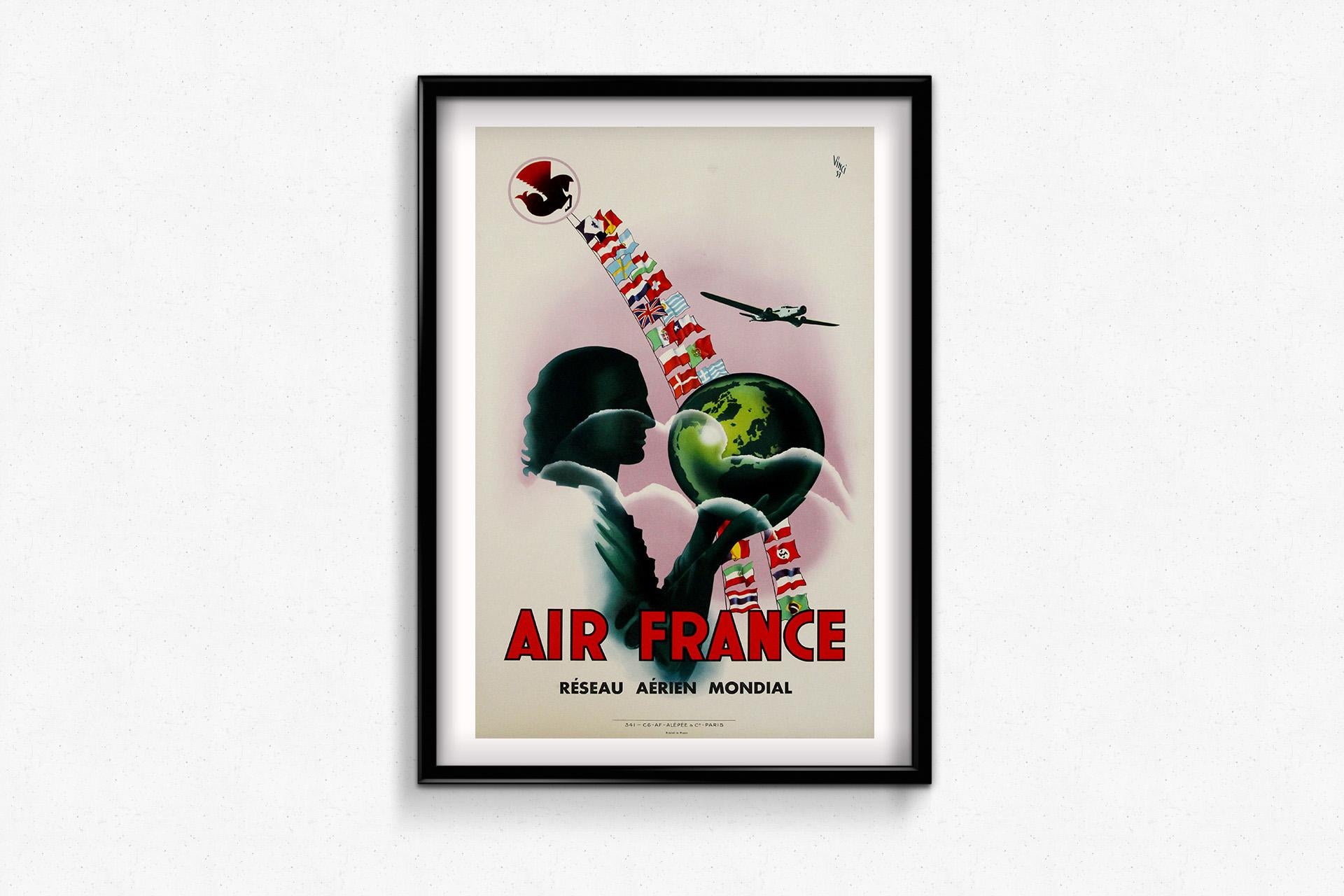 llamativo cartel original de Air France de 1937 del artista Vinci - Art Déco - Compañías aéreas en venta 1