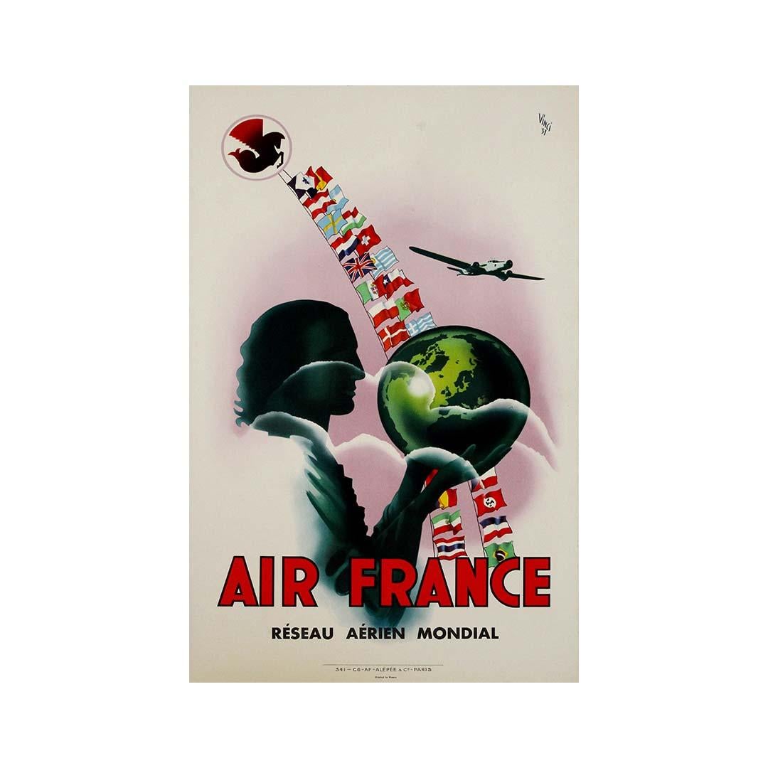 llamativo cartel original de Air France de 1937 del artista Vinci - Art Déco - Compañías aéreas en venta 3