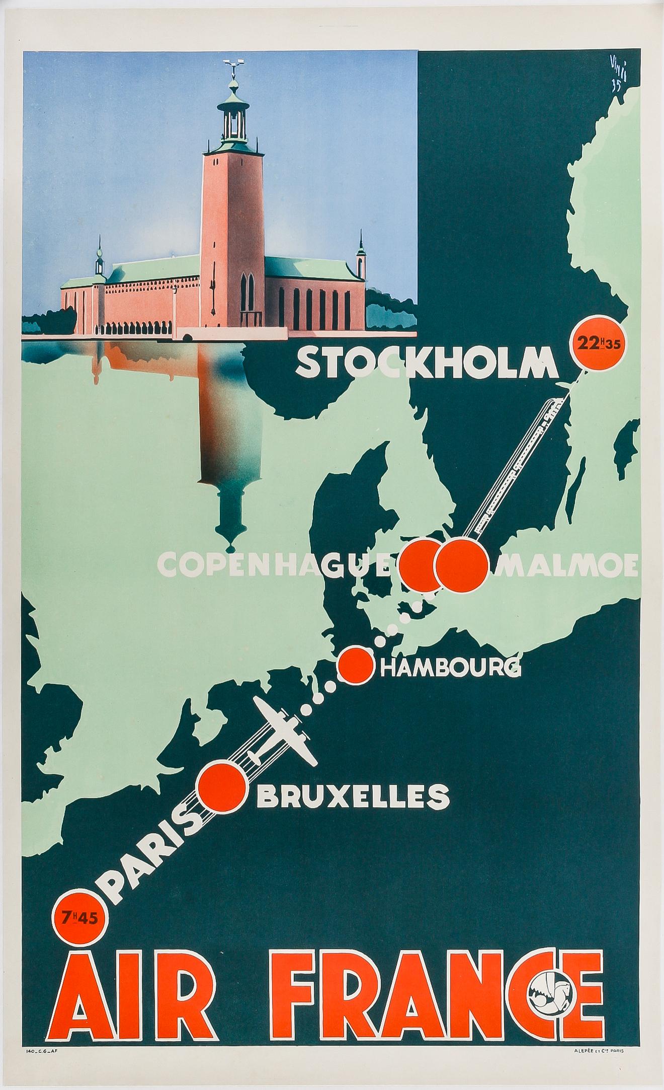 French Vinci, Original Air France Poster, Paris Stockholm, Brussels, Copenhagen, 1935 For Sale