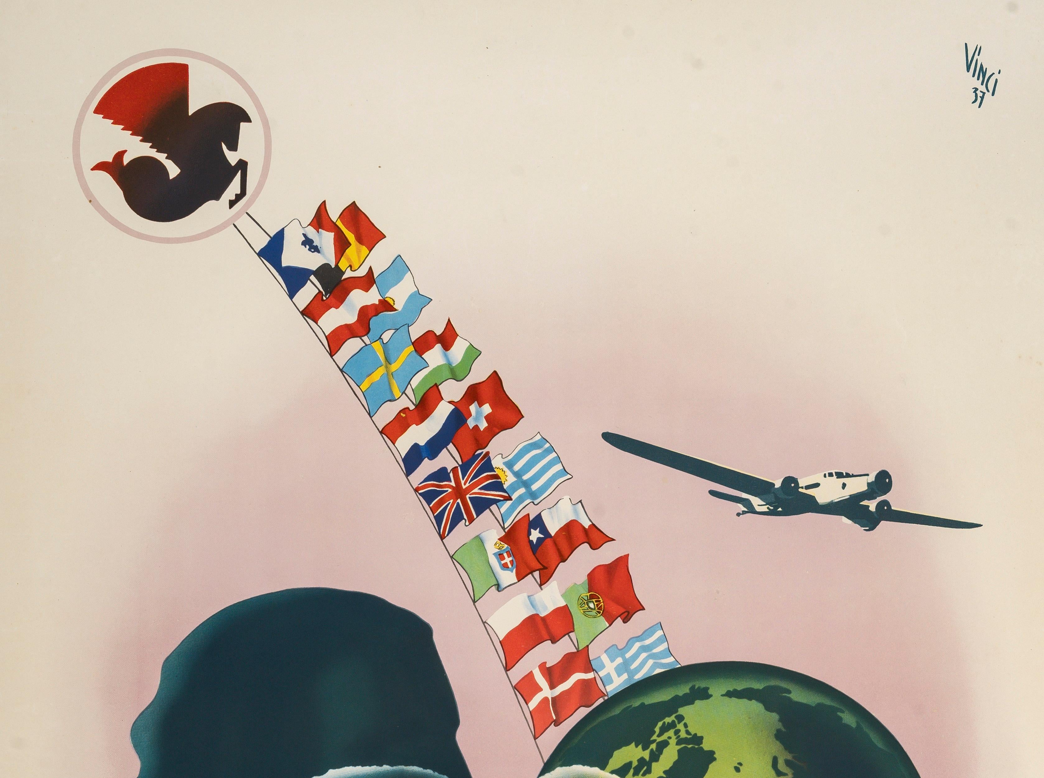 Art Déco Vinci, Poster originale di Air France, Bandiere di viaggio del mondo femminile, Art Deco 1937 in vendita