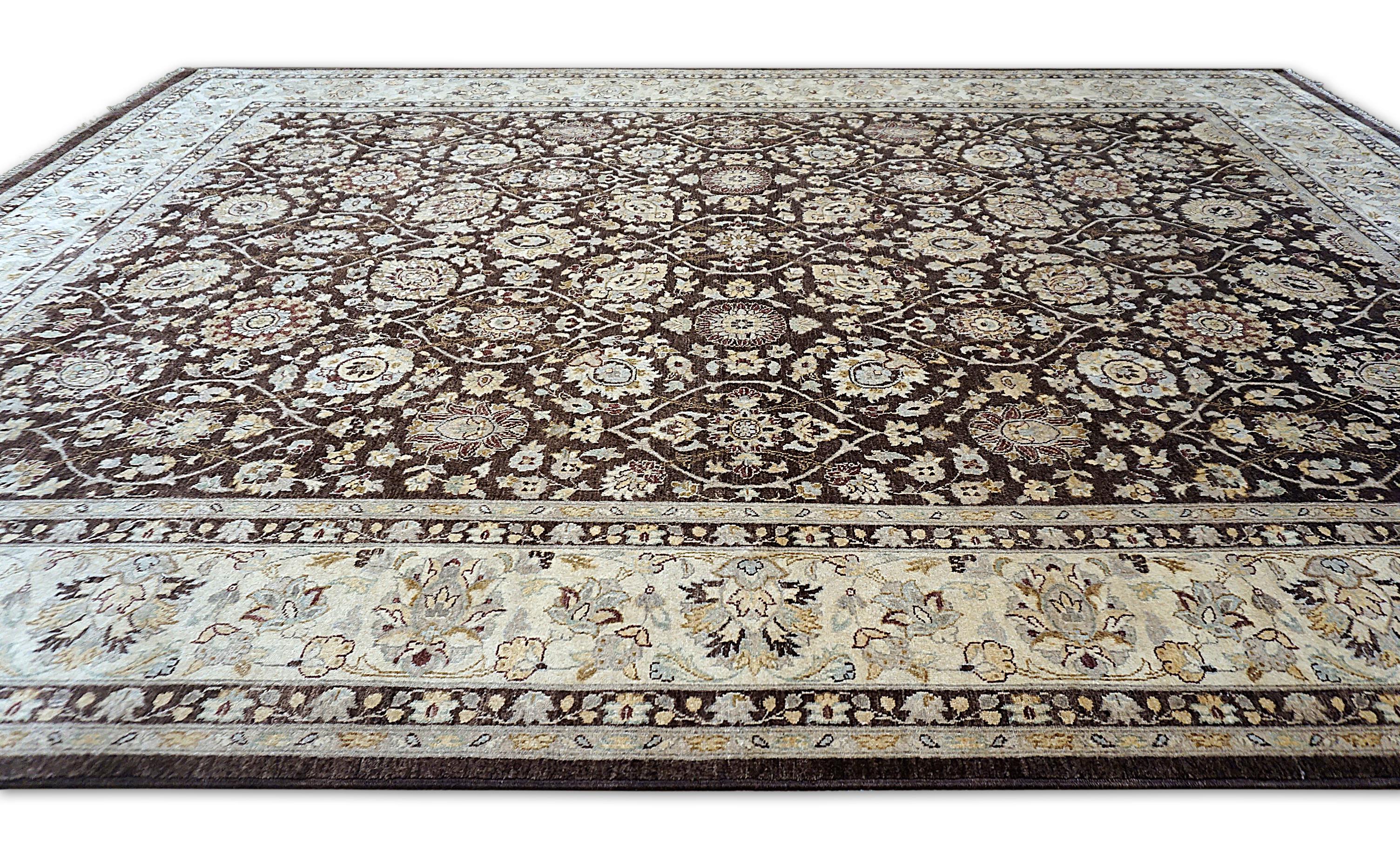 Vine and Rosette Motifs Chocolate Field with Ivory Wool Rug 8'11''x12' For Sale 4