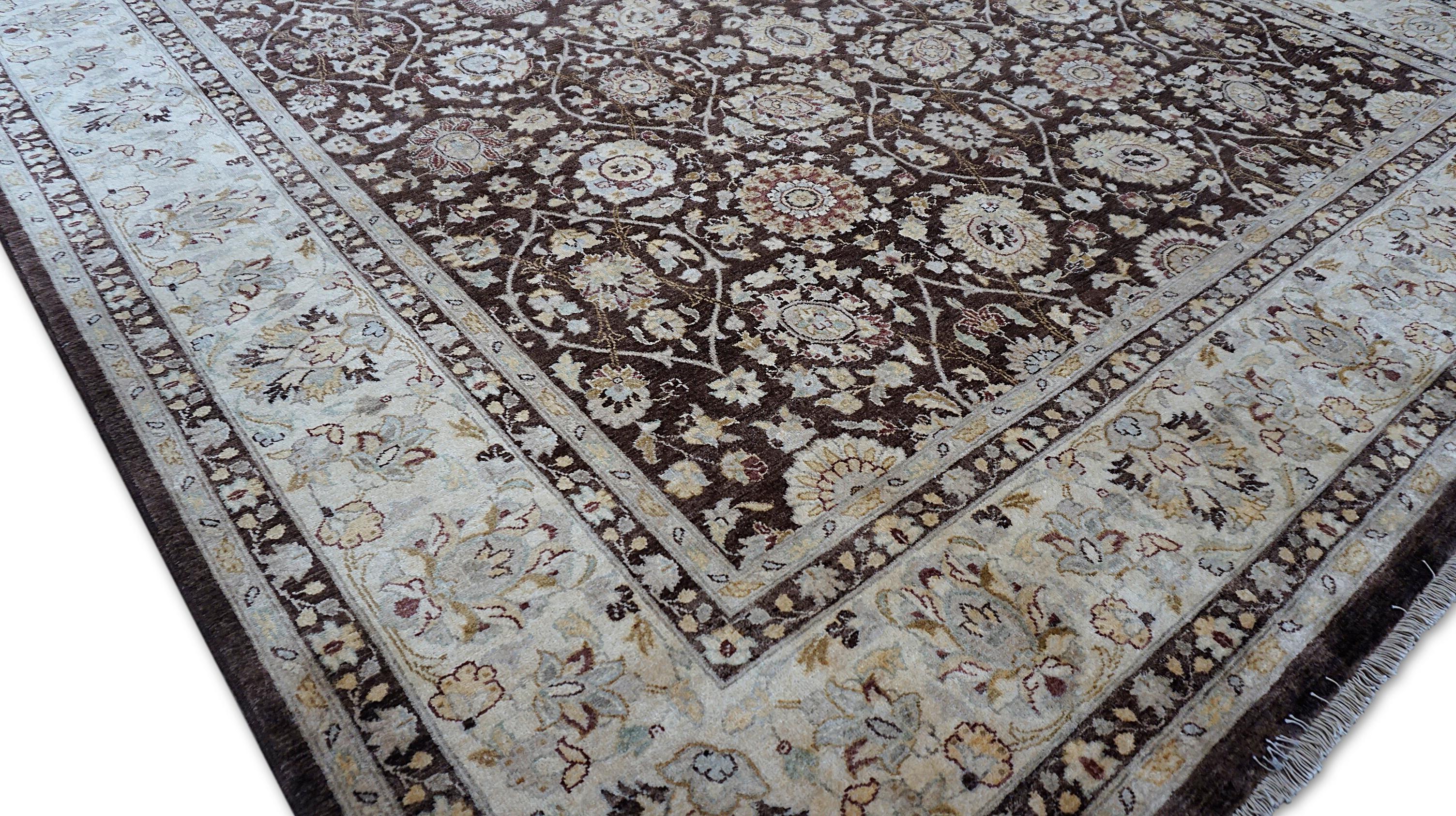 Vine and Rosette Motifs Chocolate Field with Ivory Wool Rug 8'11''x12' For Sale 6