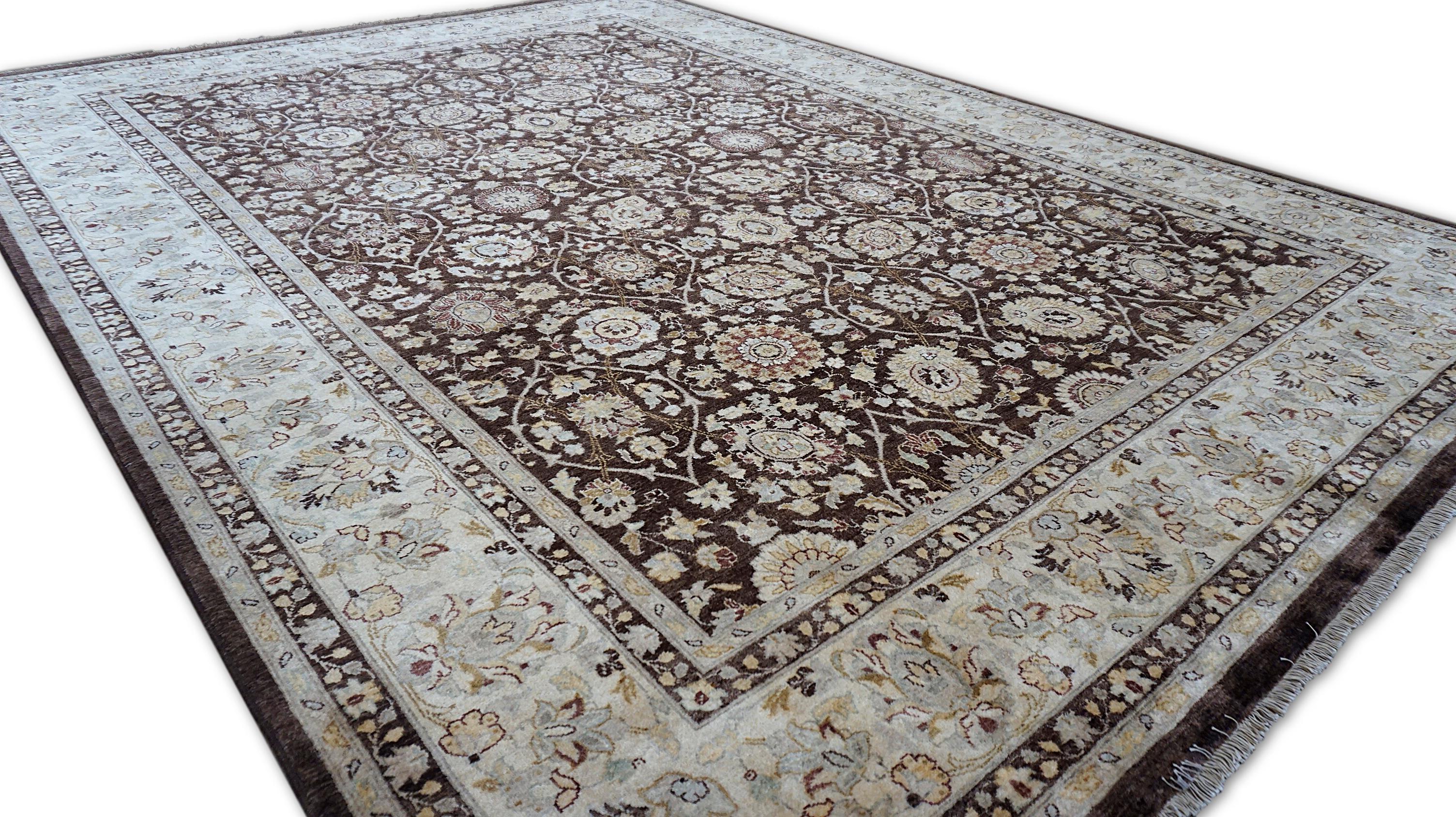 Pakistani Vine and Rosette Motifs Chocolate Field with Ivory Wool Rug 8'11''x12' For Sale