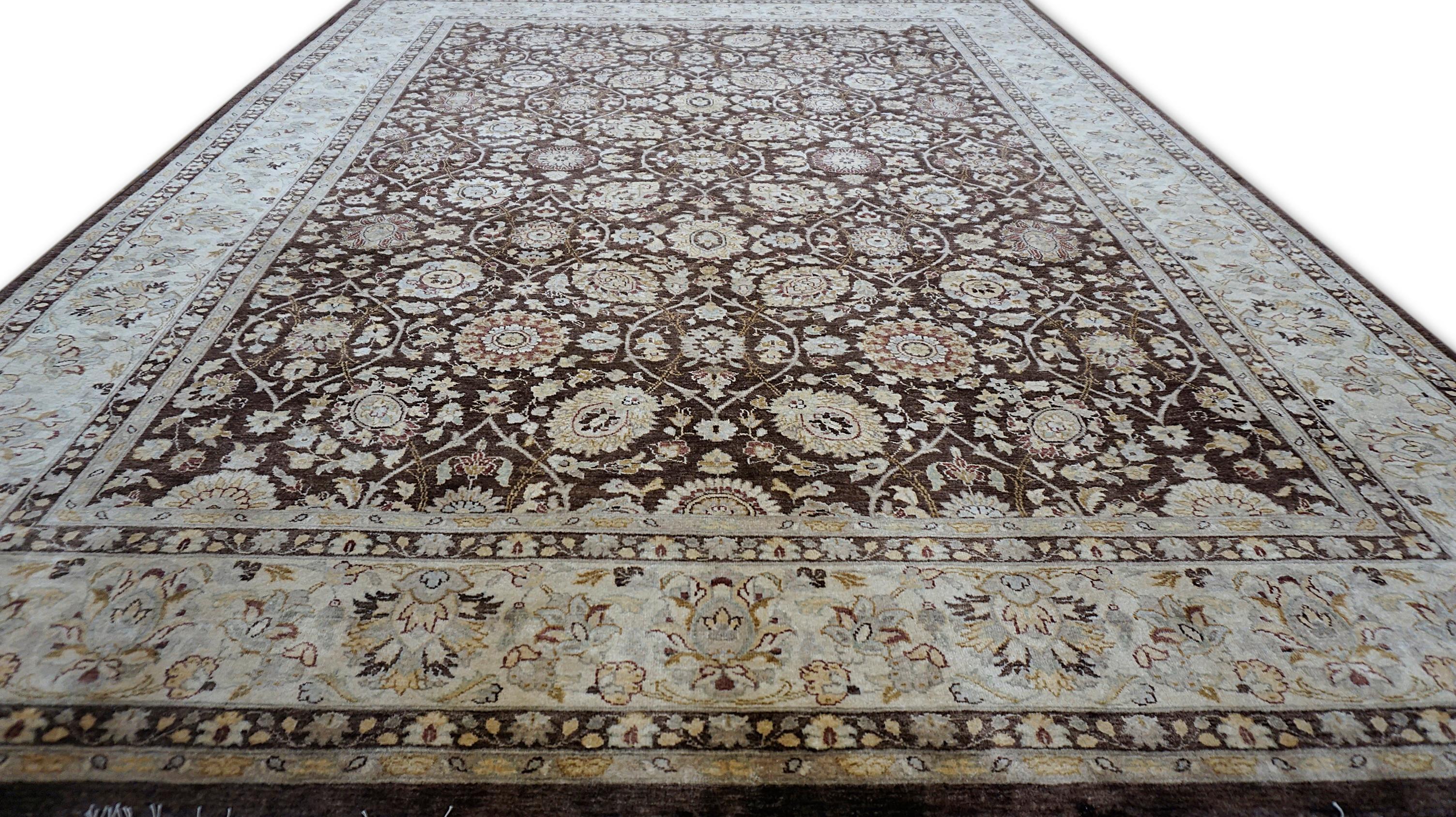Hand-Knotted Vine and Rosette Motifs Chocolate Field with Ivory Wool Rug 8'11''x12' For Sale