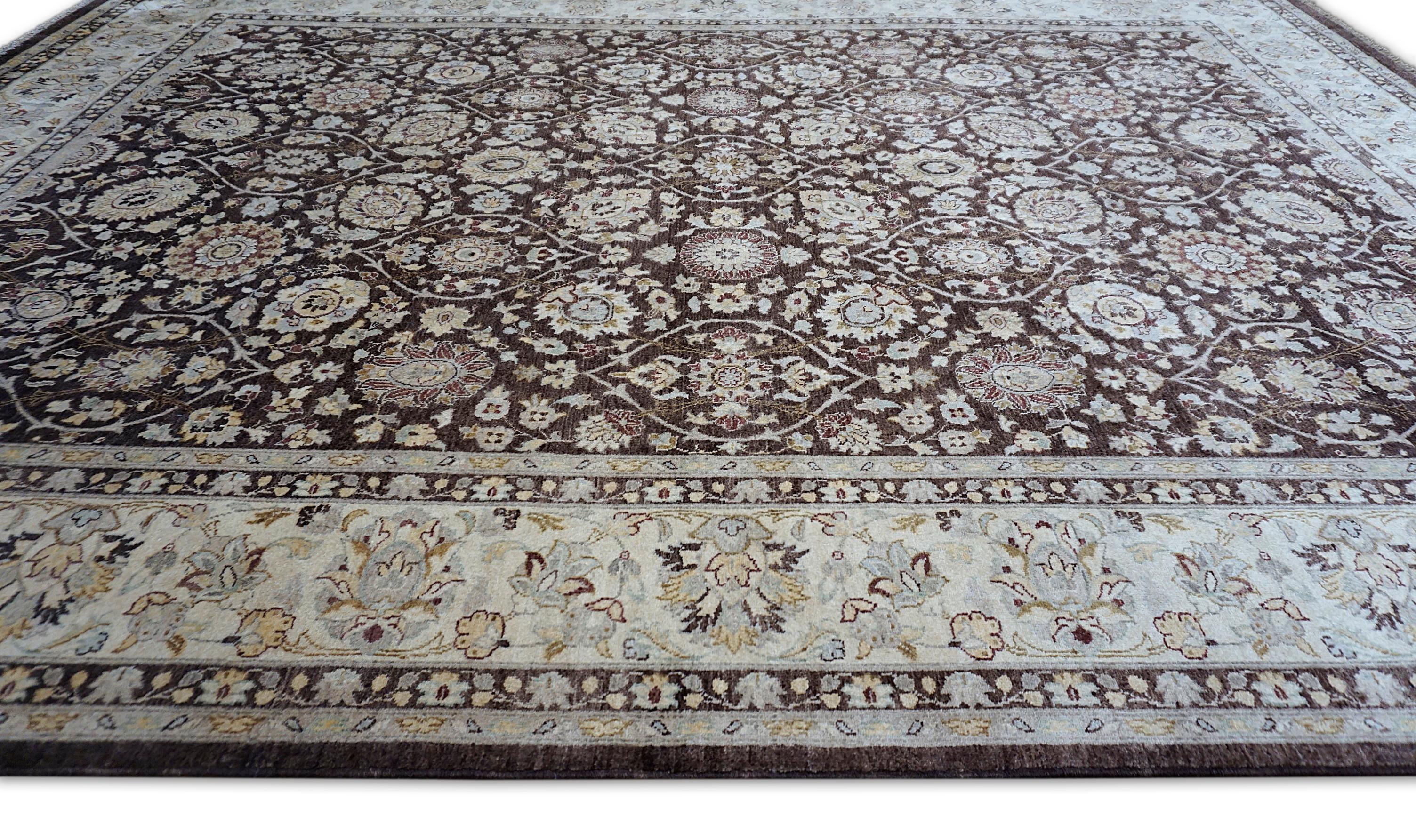 Vine and Rosette Motifs Chocolate Field with Ivory Wool Rug 8'11''x12' For Sale 2