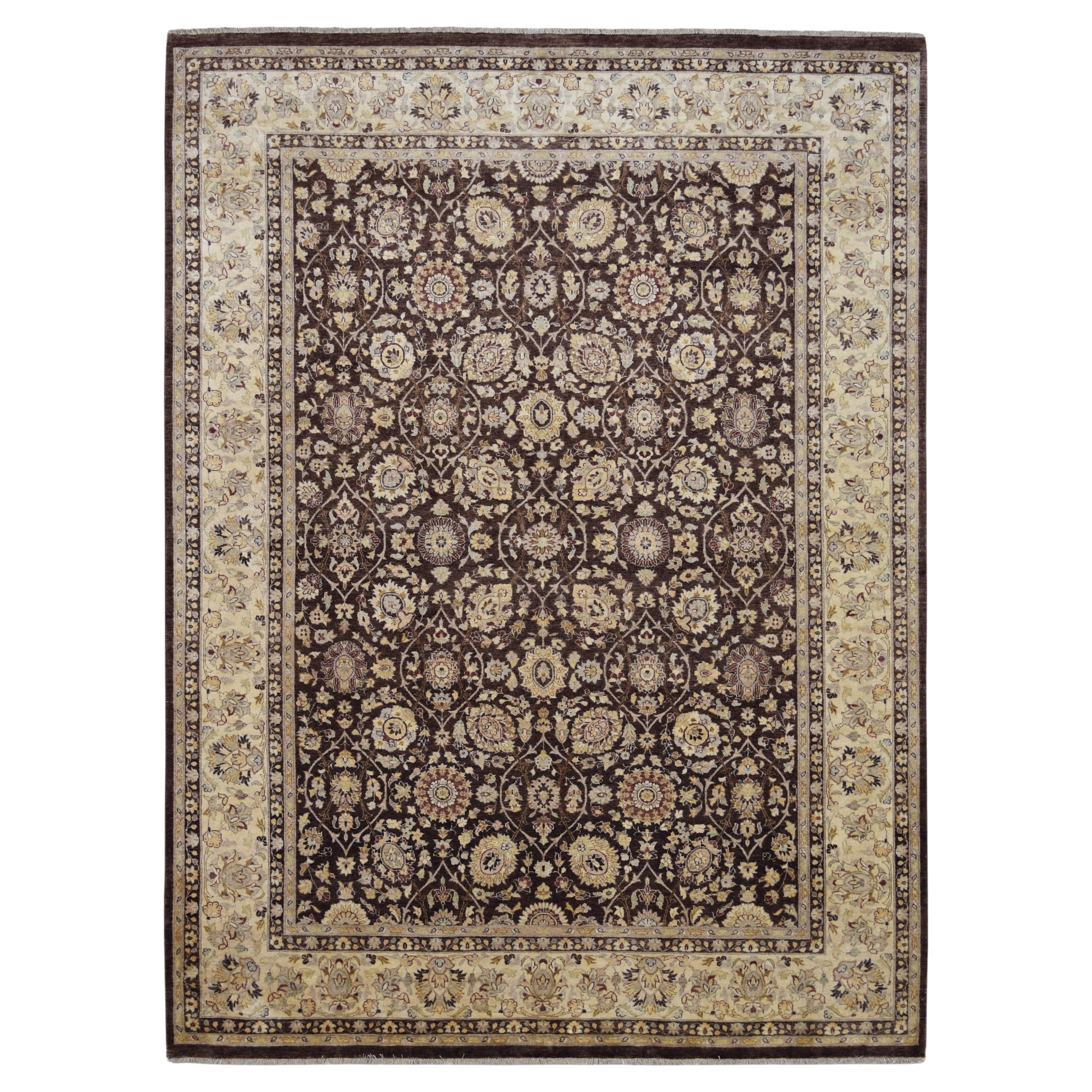 Vine and Rosette Motifs Chocolate Field with Ivory Wool Rug 8'11''x12' For Sale