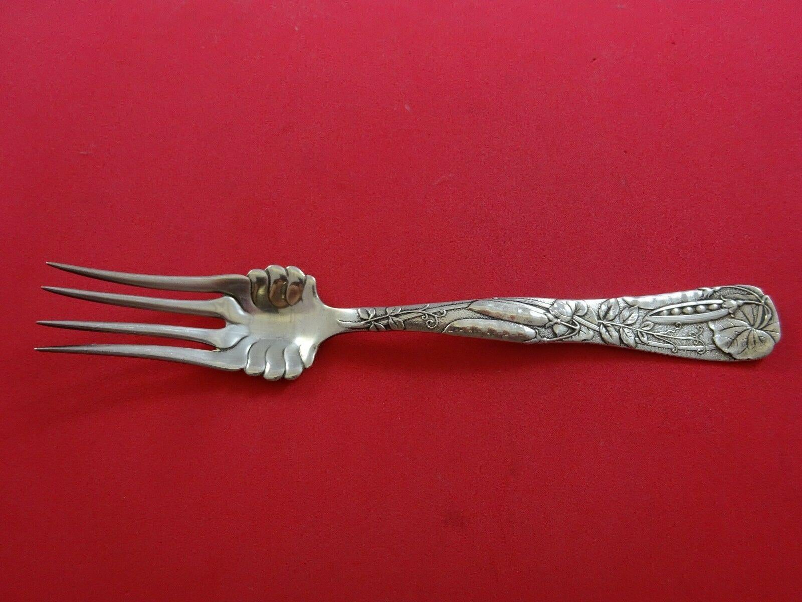Sterling silver cold meat fork with pea pod motif 8 7/8