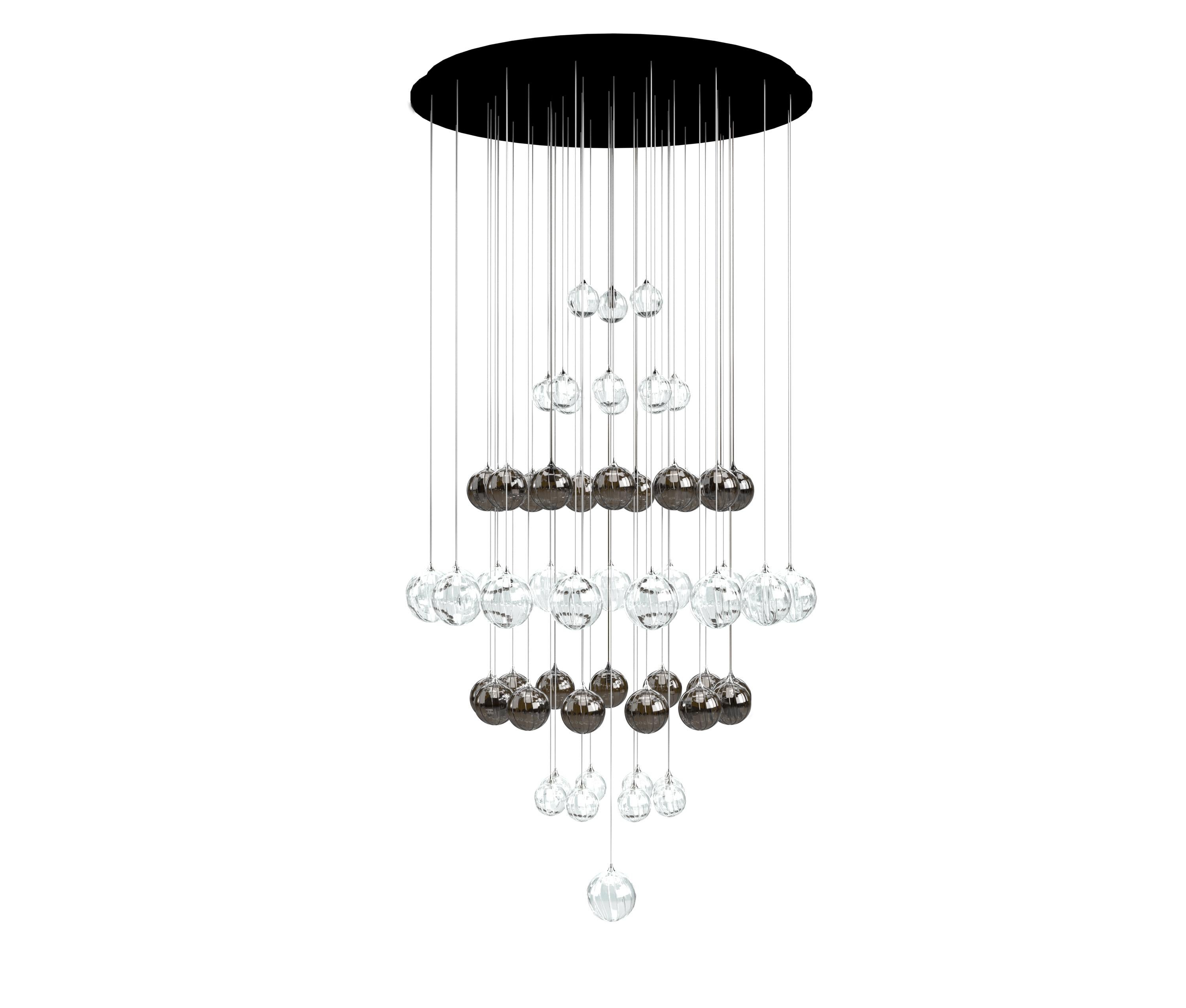 American Vine Carousel Modern Chandelier in Grey and Clear Artisan Glass Globes For Sale