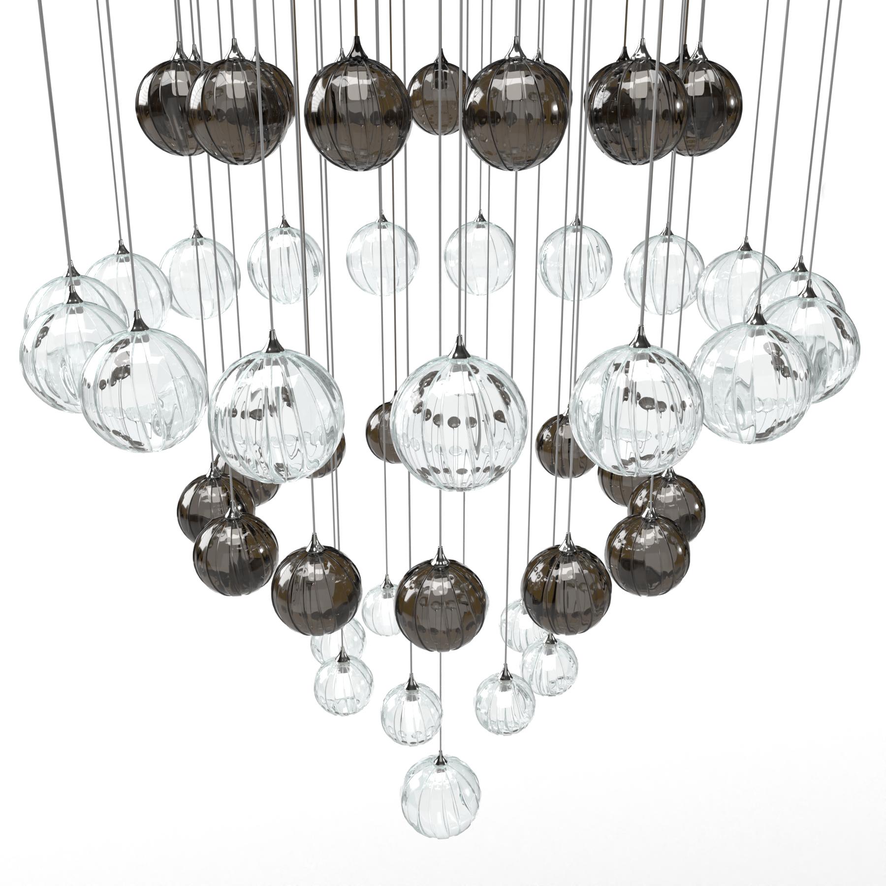 Hand-Crafted Vine Carousel Modern Chandelier in Grey and Clear Artisan Glass Globes For Sale