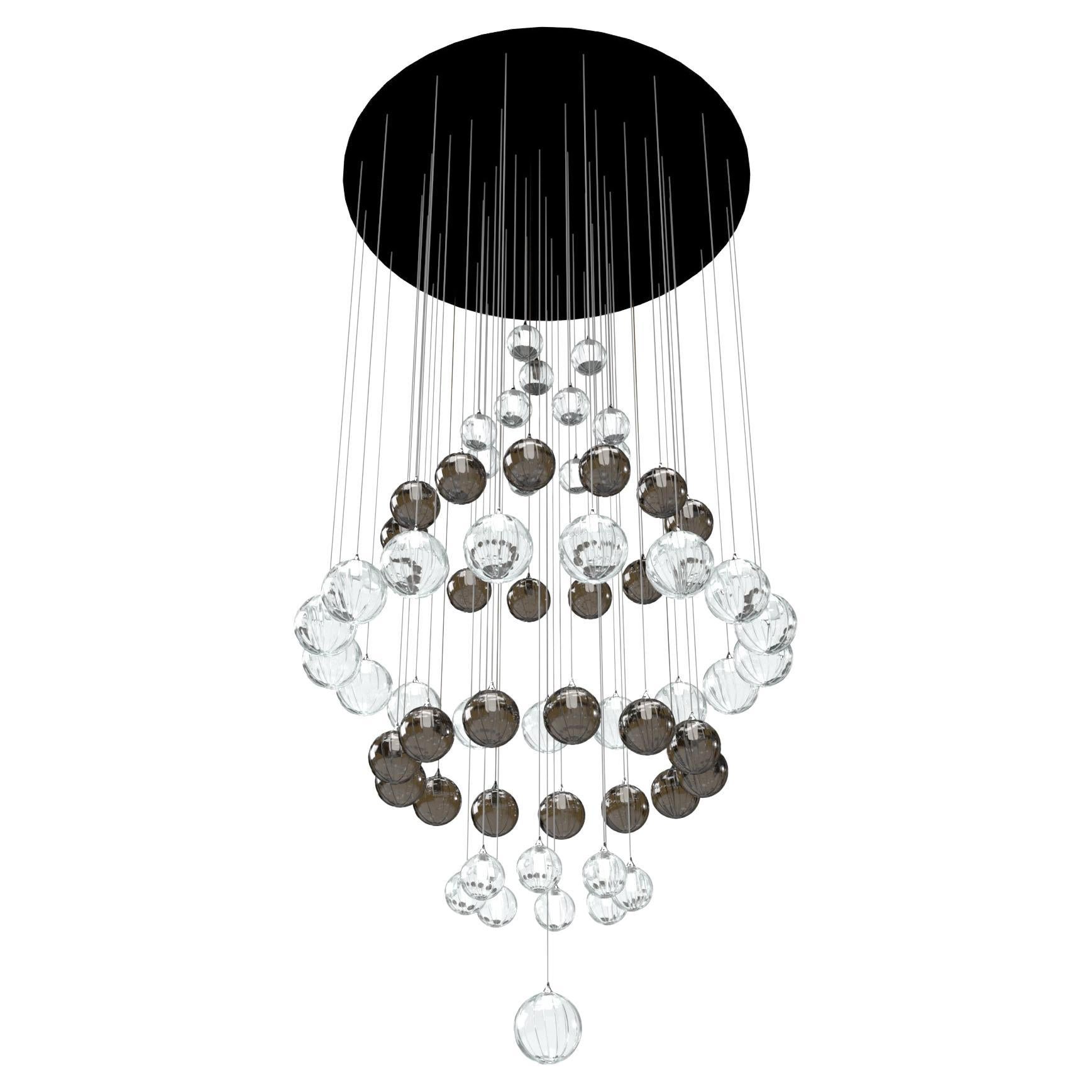 Vine Carousel Modern Chandelier in Grey and Clear Artisan Glass Globes For Sale