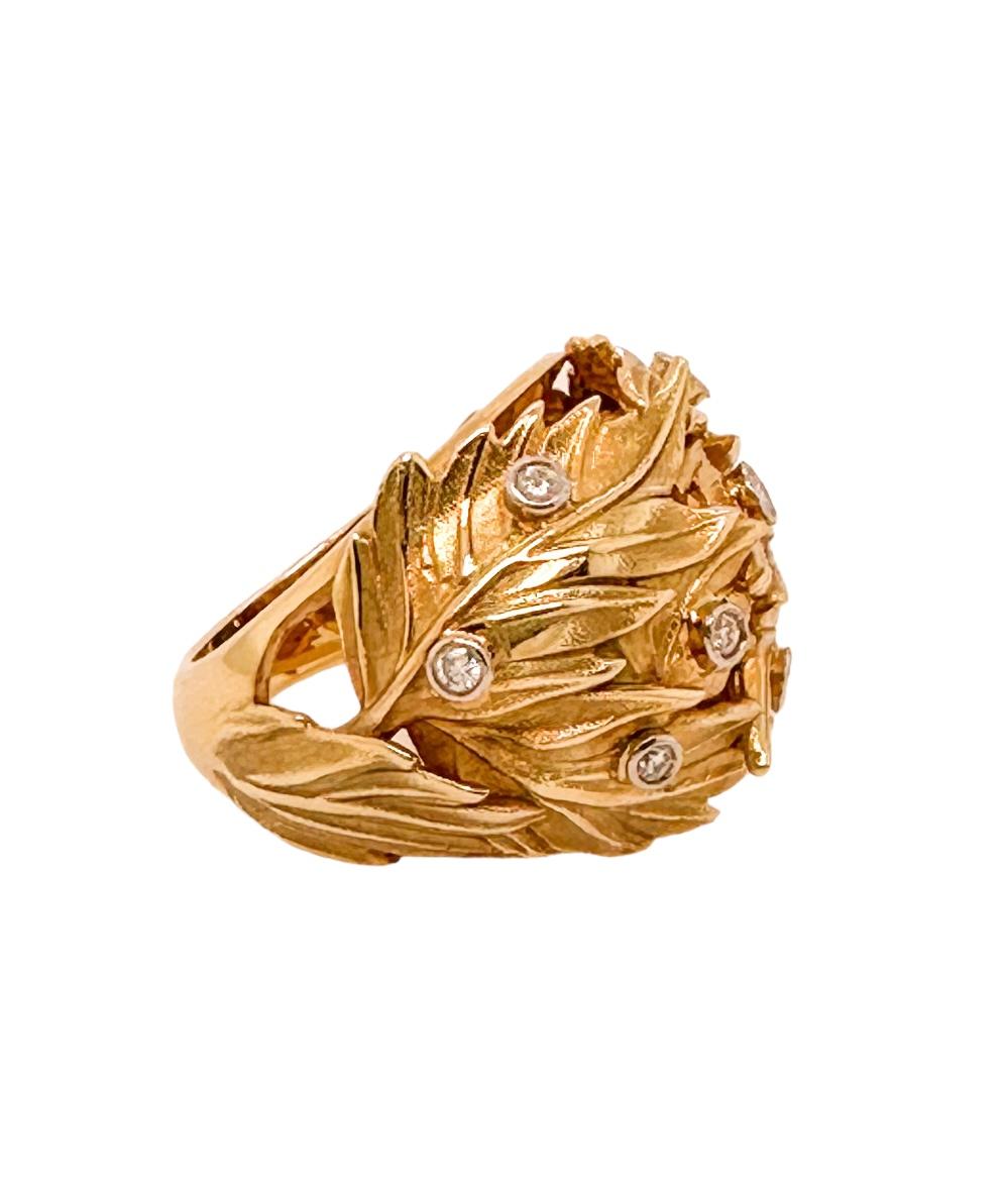 Large bombe Vine Leaf ring made in 14ct yellow gold with 0.50ct brilliant diamonds set in 18ct white gold collets.
This ring is a showstopper and a part of Esther's 'Vine Leaf and Flora' collection, inspired by a previous Roman design, Esther has