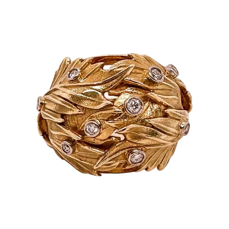Bague bombe Vine Leaf en or jaune 14 carats avec diamants brillants en vente