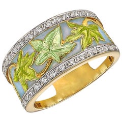 Vine Leaf Enamel and Diamond Wide Band