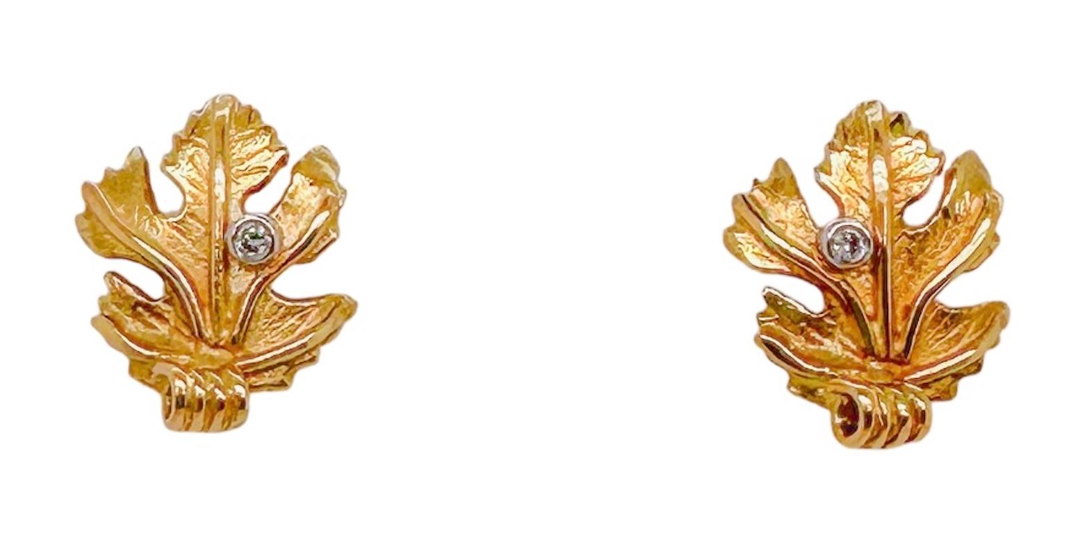 Contemporary Vine Leaf Small Studs - 18ct yellow gold with diamond accents For Sale