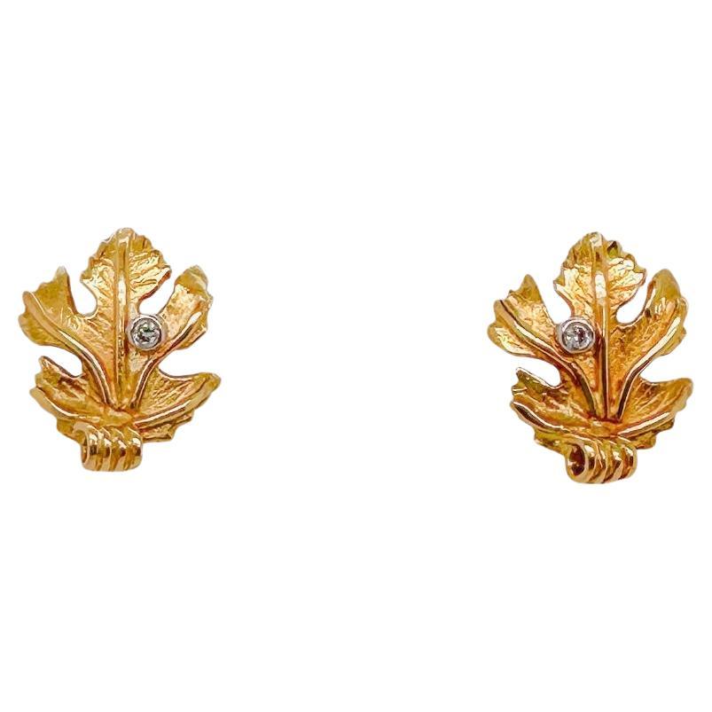 Vine Leaf Small Studs - 18ct yellow gold with diamond accents For Sale