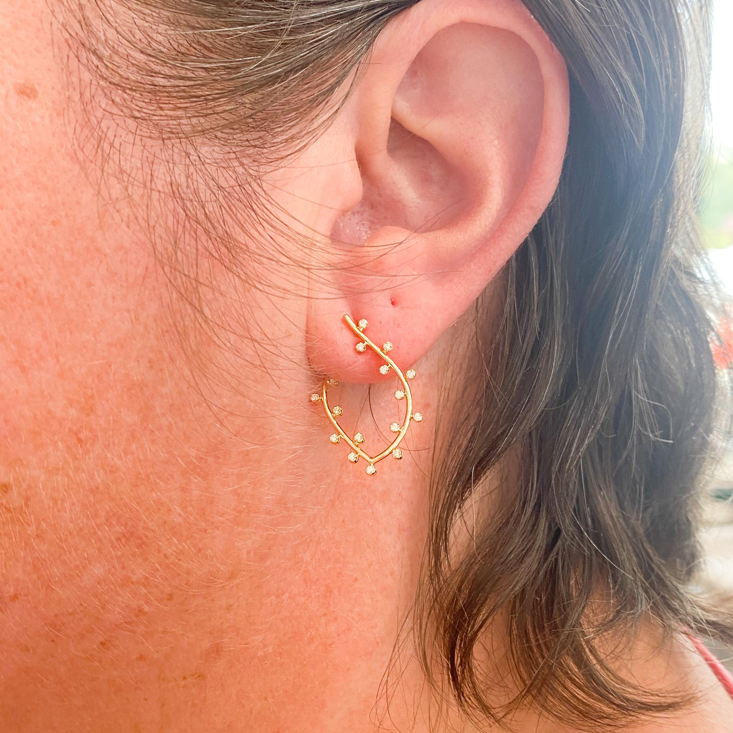 Contemporary Vine Organic Earrings w 32 Diamonds in 14k Yellow Gold Luxury Jeweled Earrings For Sale