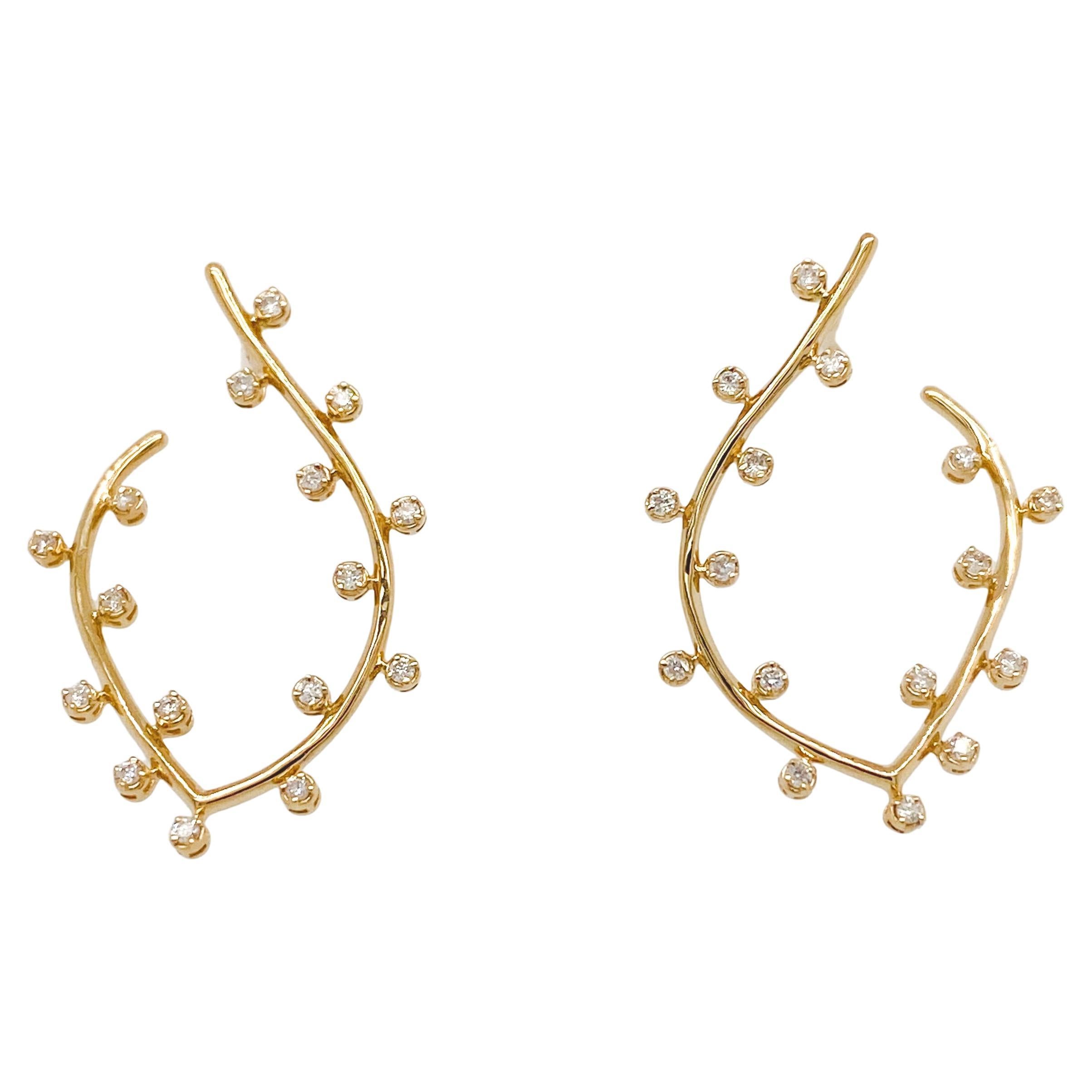 Vine Organic Earrings w 32 Diamonds in 14k Yellow Gold Luxury Jeweled Earrings For Sale