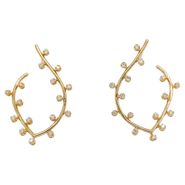 Vine Organic Earrings w 32 Diamonds in 14k Yellow Gold Luxury Jeweled