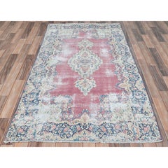 Vine Red Vintage Persian Kerman Sheared Low Distressed Wool Hand Knotted Rug
