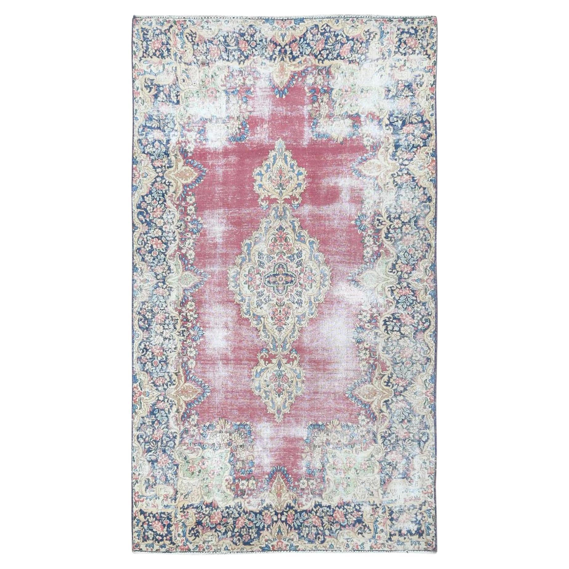 Vine Red Vintage Persian Kerman Sheared Low Distressed Wool Hand Knotted Rug For Sale