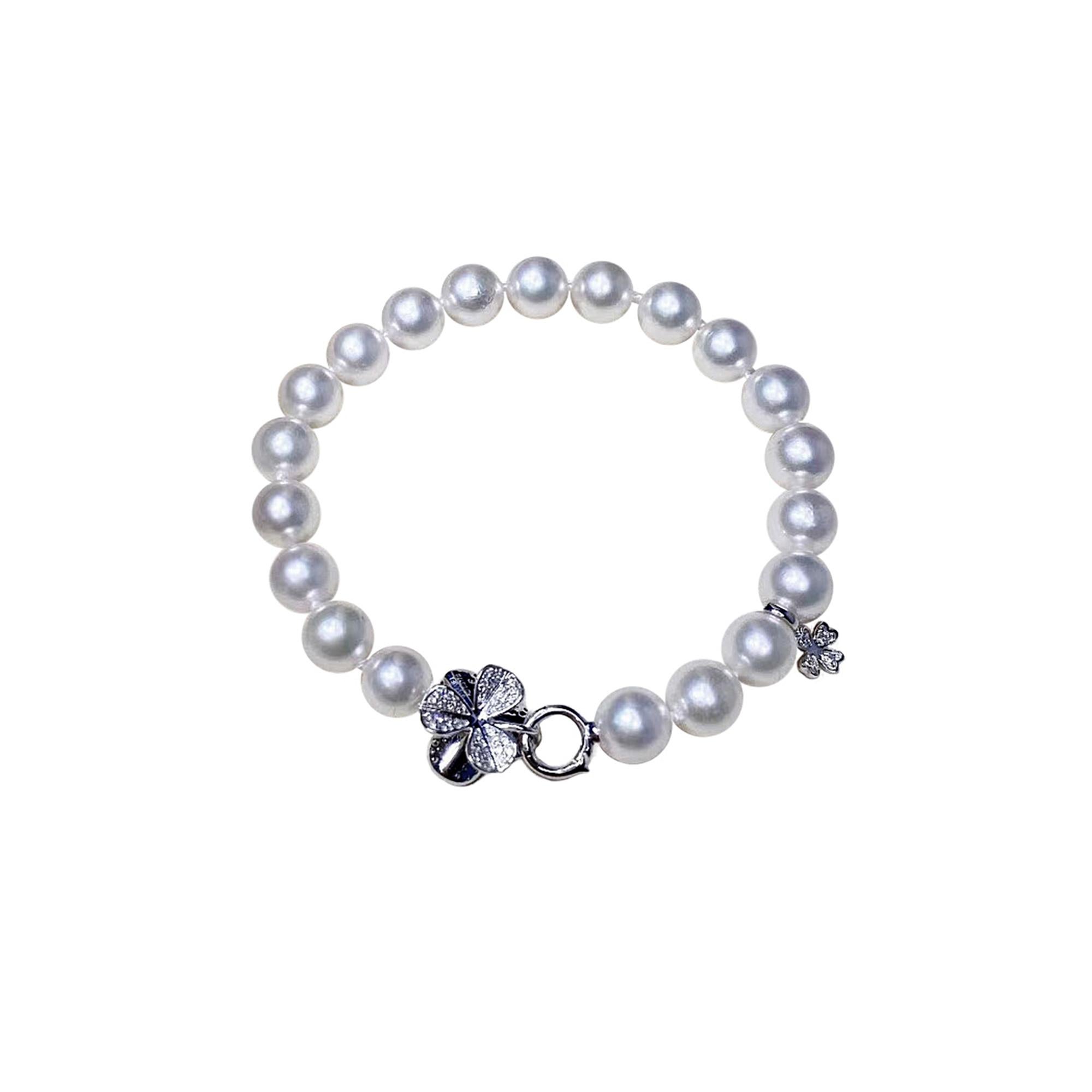 【Vine Symphony】Akoya Pearl Clover Diamond Bracelet For Sale