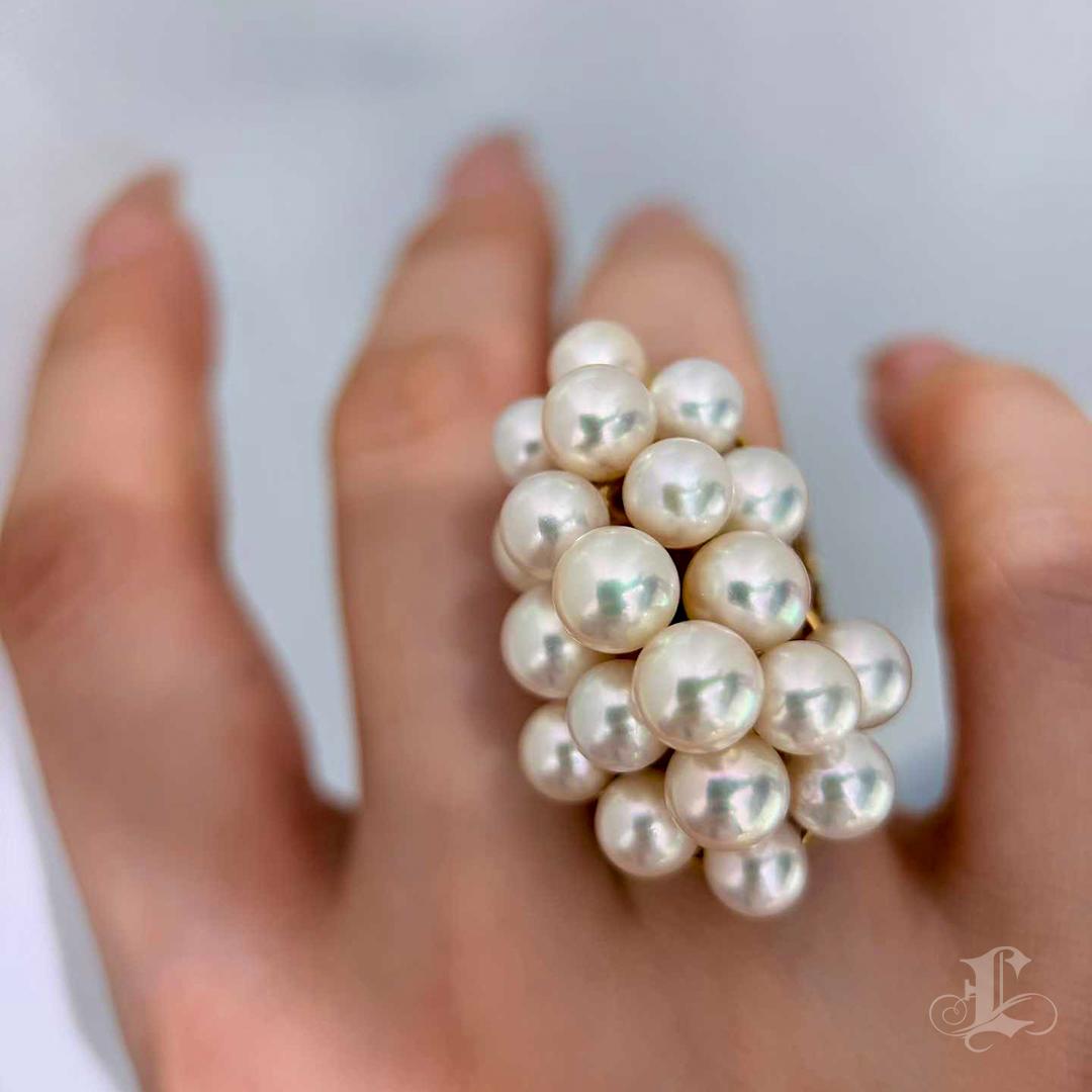 Non taillé 【Vine Symphony】Akoya Pearl Cluster Statement Ring in 18K Gold en vente