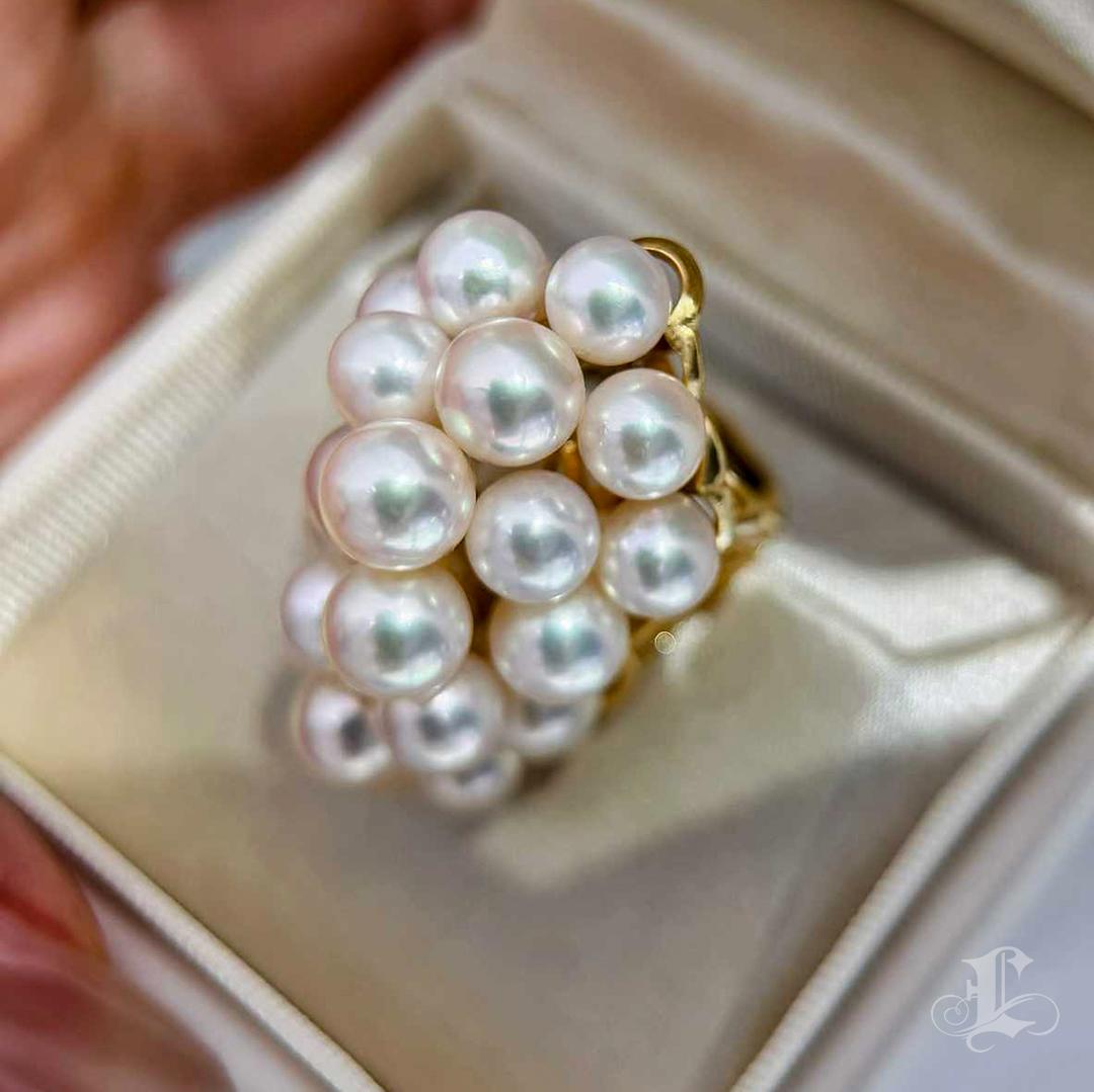 【Vine Symphony】Akoya Pearl Cluster Statement Ring in 18K Gold en vente 1