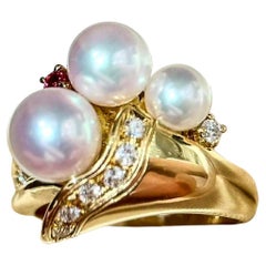 【Vine Symphony】Akoya Pearl Trumpet Flower Ring in 18K Gold & Diamonds