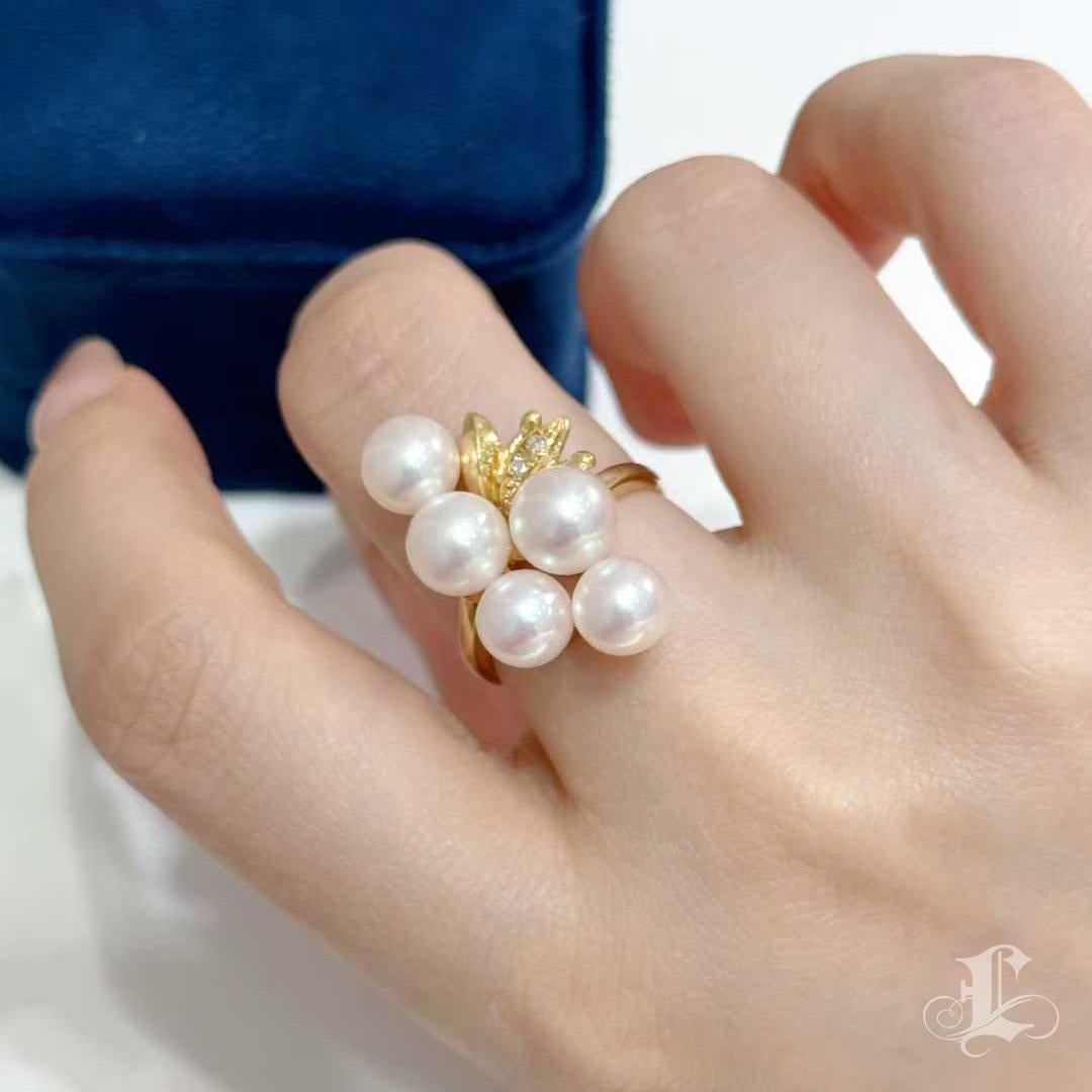 Non taillé 【Vine Symphony】Aurora Bague à grappes de perles d'Akoya avec diamants en vente