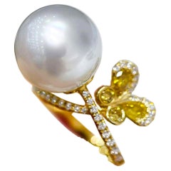 【Vine Symphony】Aurora Perla del Mar del Sur Diamante Amarillo Anillo Mariposa Revoloteando