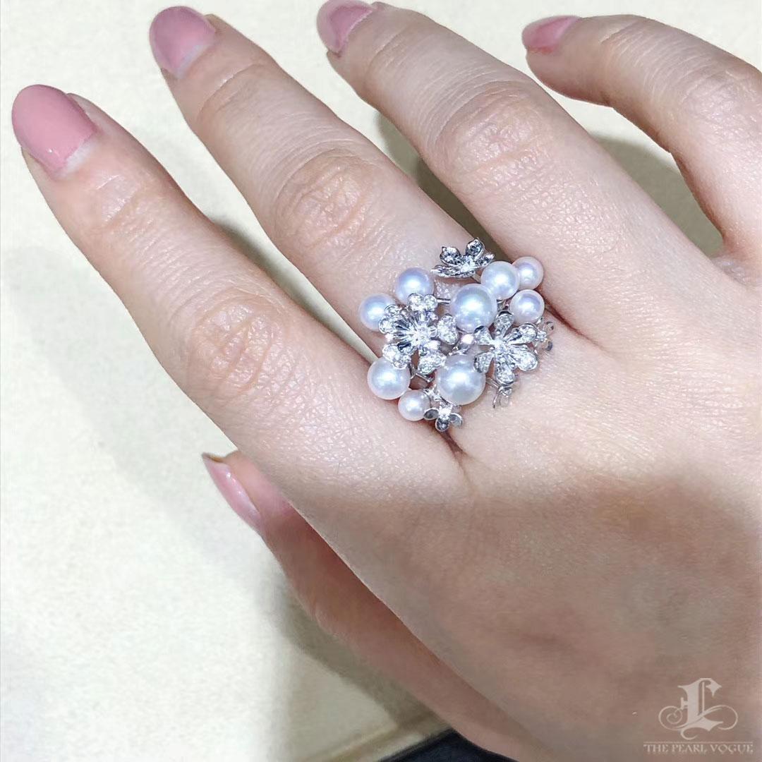 【Vine Symphony】Baby Akoya Perle & Diamant Floral Ring (Ungeschliffen) im Angebot