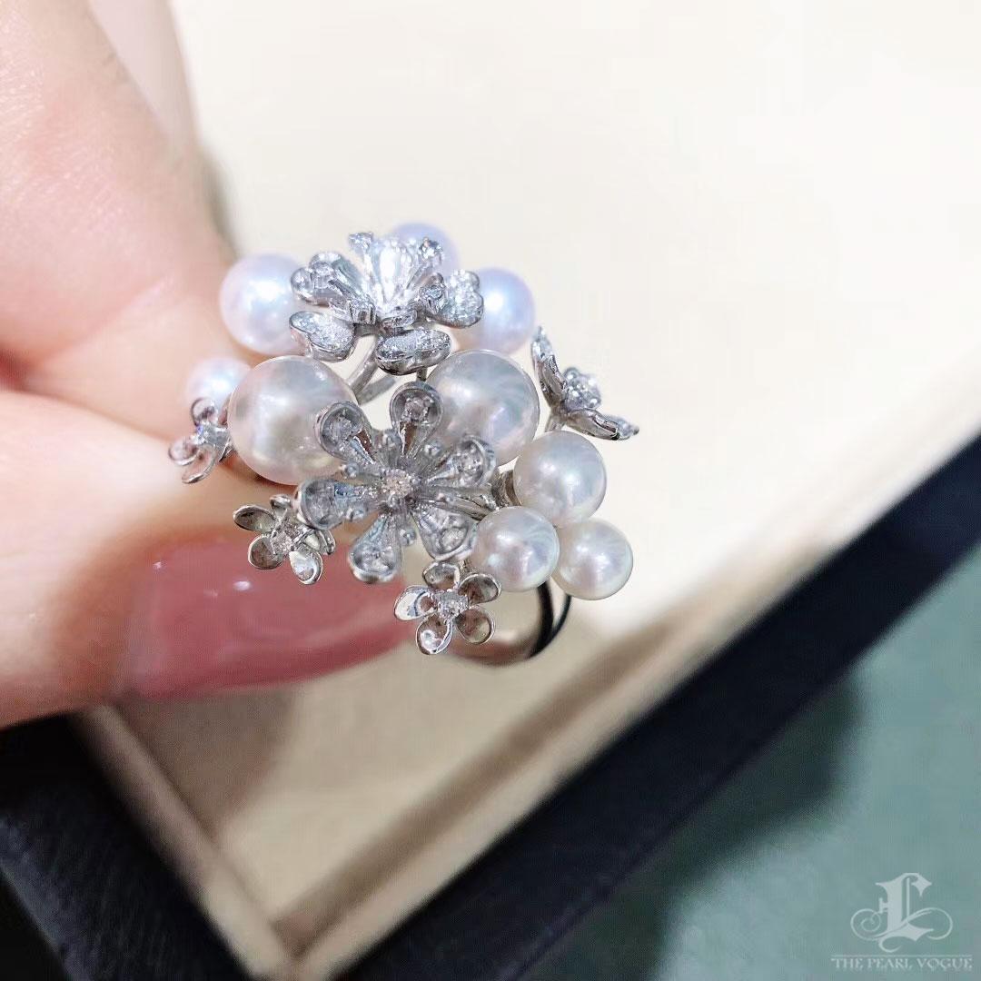 【Vine Symphony】Baby Akoya Perle & Diamant Floral Ring im Angebot 1