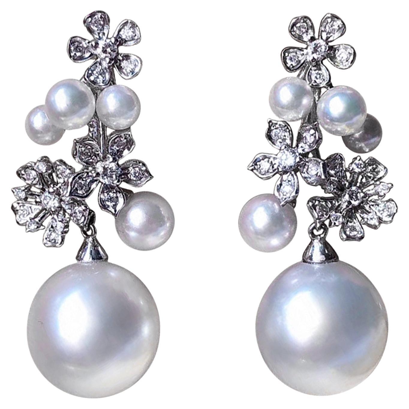 【Vine Symphony】Bloom Cluster Aurora South Sea Pearl Diamond Drop Earrings