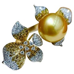 【Vine Symphony】Blooming Aurora Golden South Sea Pearl Diamond Ring