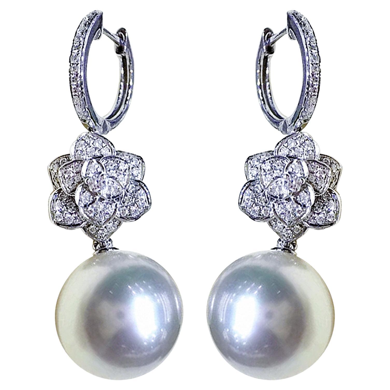 【Vine Symphony】Blooming Grace South Sea Pearl & Diamond Pavé Floral Earrings