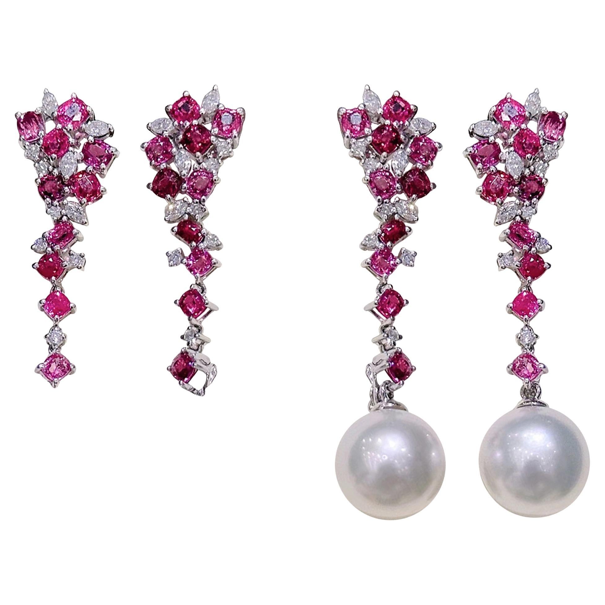 【Vine Symphony】Blossomfire ConvertibleSouth Sea Pearl Spinel Diamond Earrings For Sale