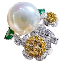 【Vine Symphony】Botanic Muse Aurora South Sea Pearl Emerald Diamond Ring