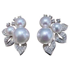 【Vine Symphony】Botanical Cluster Aurora Akoya Pearl & Diamond Earrings