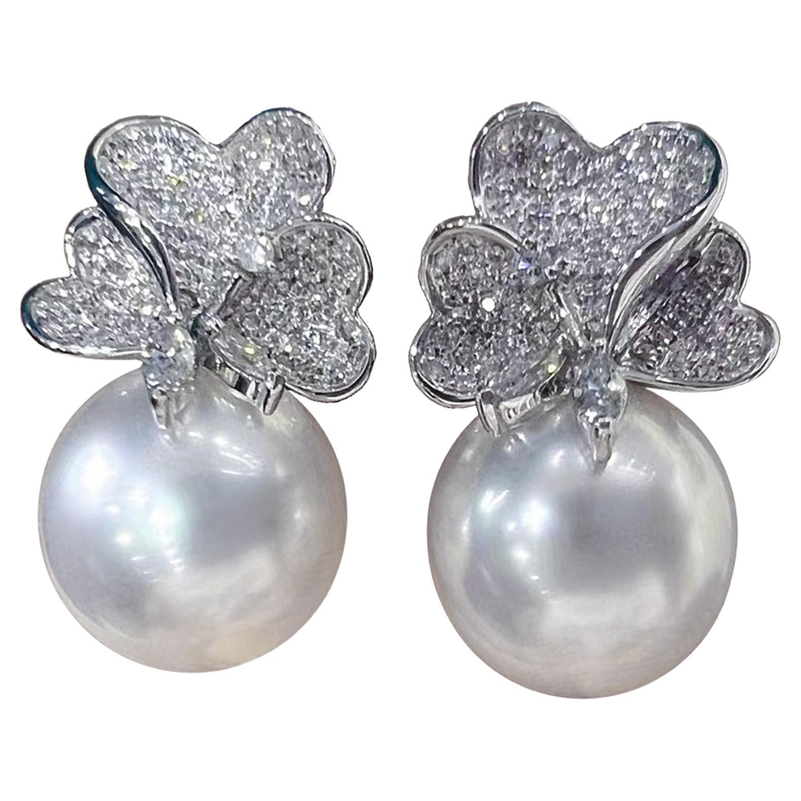 【Vine Symphony】Butterfly Bloom Aurora South Sea Pearl Diamond Evening Earrings