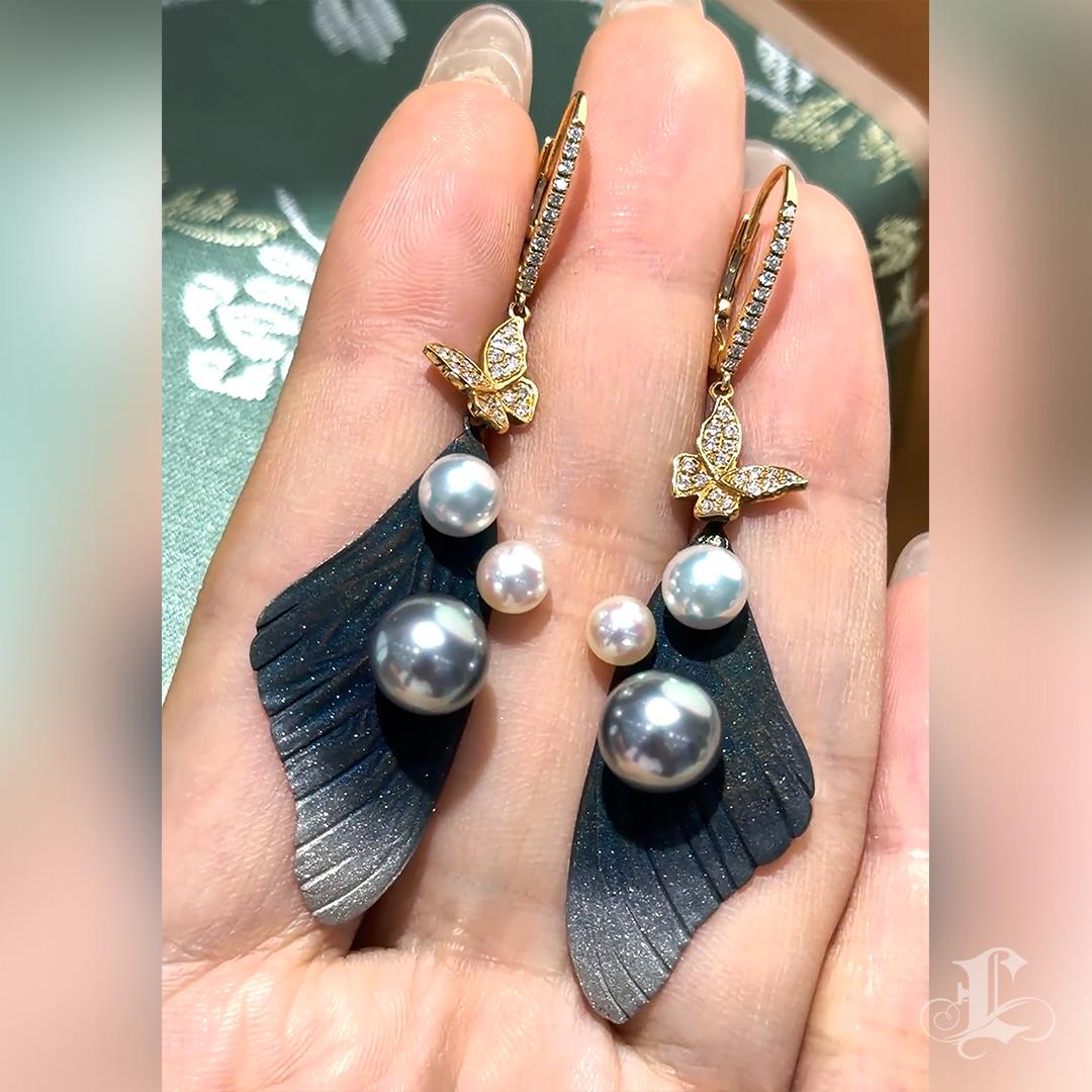 【Vine Symphony】Butterfly Diamond Dust Finished Tahitian & Akoya Pearl Earrings In New Condition For Sale In New York, NY